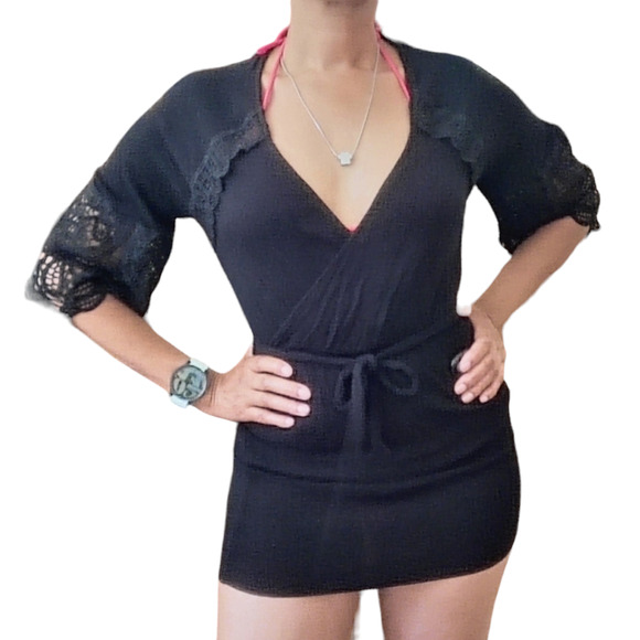 ISABELLA ROSE gauzy lace sleeve black boho beach cover up mini dress Size S NEW - Picture 10 of 10